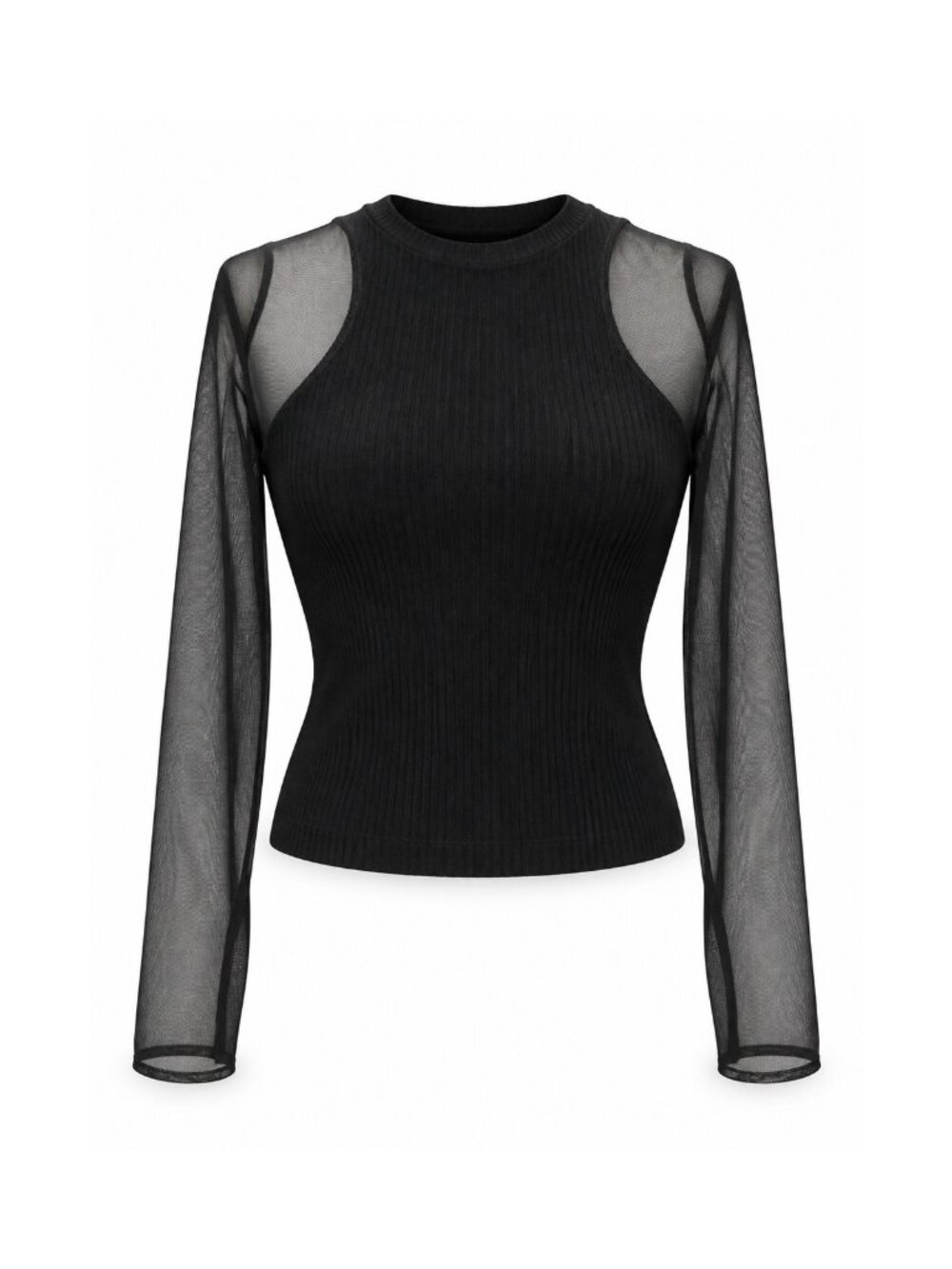 Zara Black Ribbed Top With Mesh Sleeves S